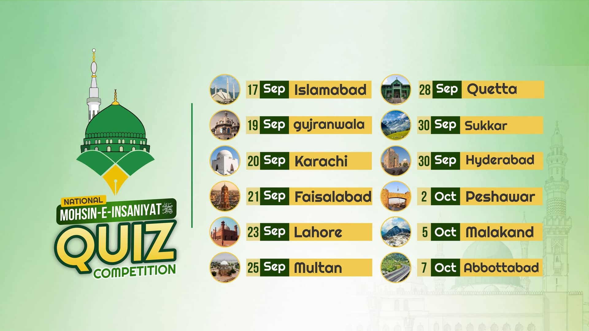 Campaign NMIQ city schedule: twelve Pakistani cities paired with dates and landmark photographs